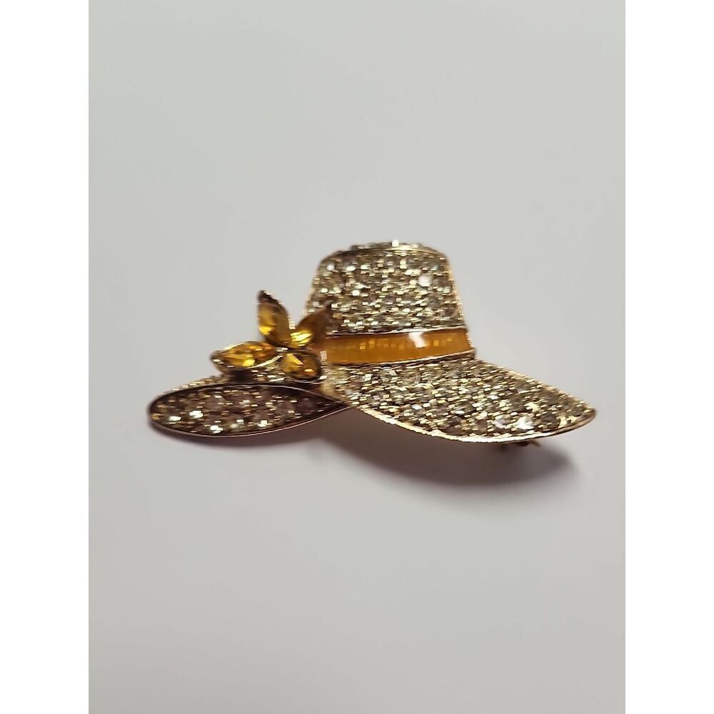 Vintage Monet Hat Brooch Pave Palest Yellow Amber Rhinestone Bow Enamel Trim Pin